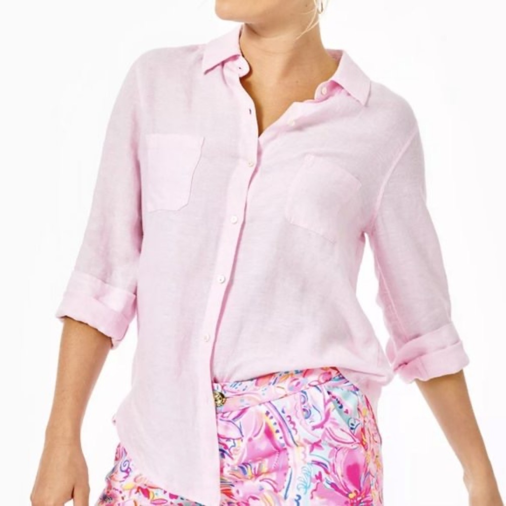Lilly Pulitzer Pink Seaview Linen Button Down Shirt